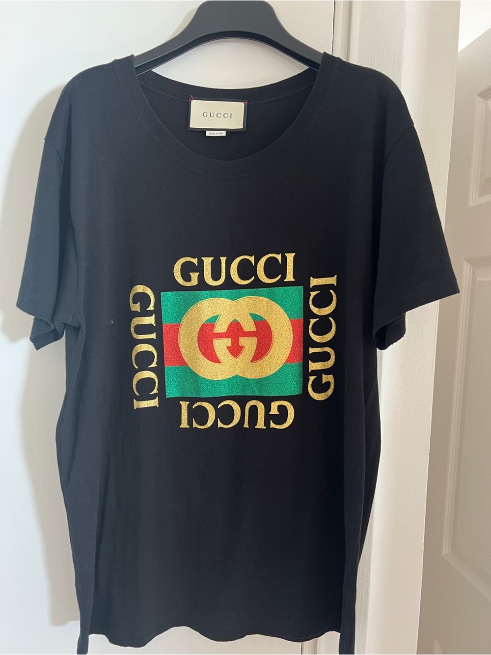 Gucci Black Tee with Gold Logo and Red-Green Stripe